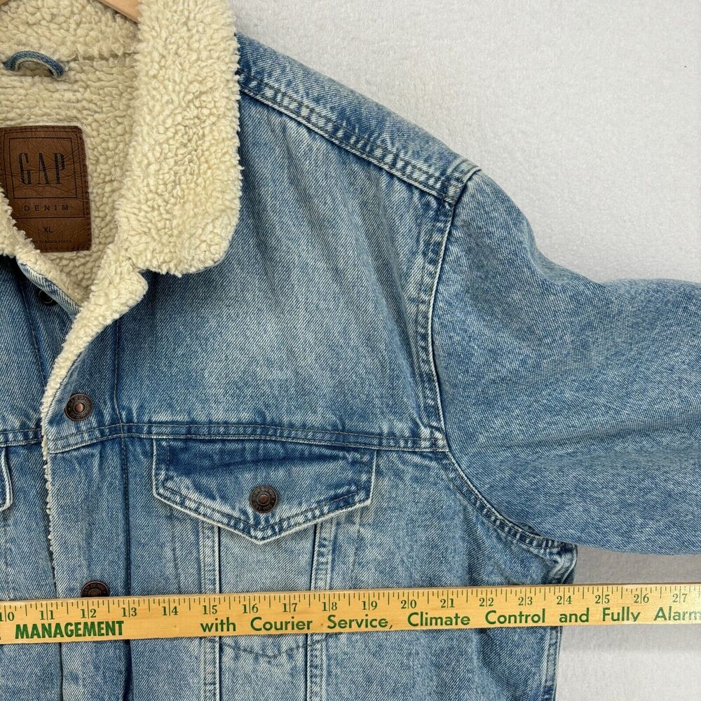 GAP DENIM Jacket Mens XL Trucker Sherpa Fleece Snap Front Cotton Light Wash Blue - Picture 12 of 14